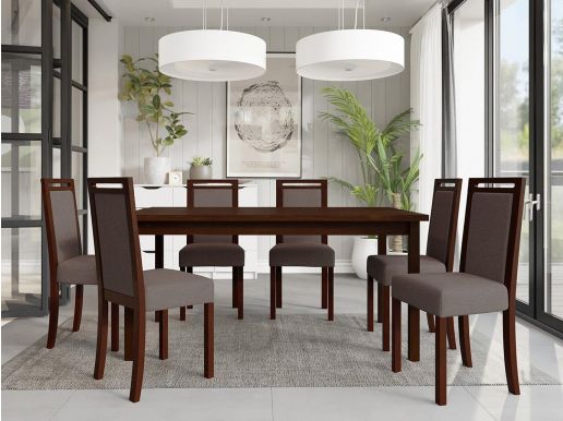Eettafel ALOAPA 160>200 cm bruin met 6 stoelen en taupe kussens