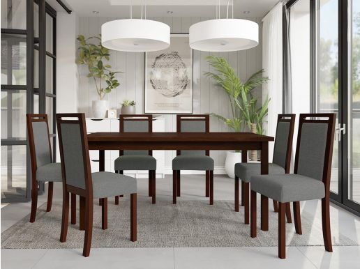 Eettafel ALOAPA 160>200 cm bruin met 6 stoelen en grijze kussens