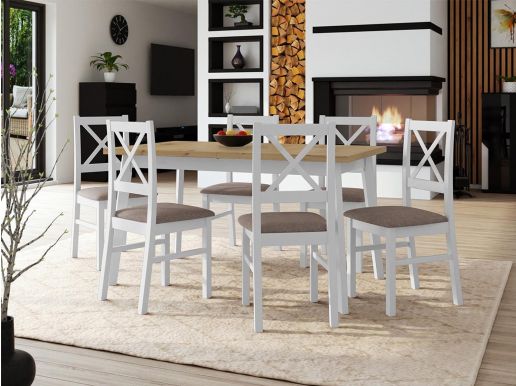 Eettafel ALEZY 140>180 cm wit met 6 stoelen en taupe kussens 