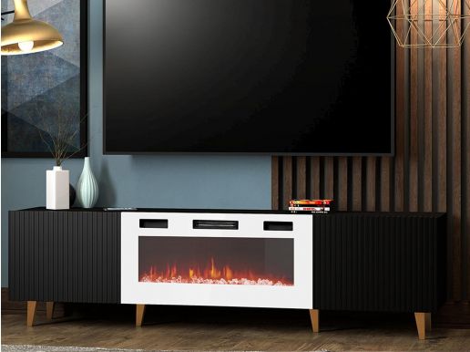 Tv-meubel met haard PAFLI 2 deuren zwart/wit
