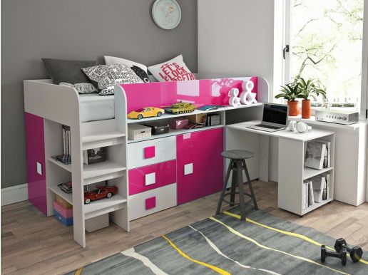 Samengesteld bed TOLISSO 90x200 cm wit/hoogglans roze met bureau aan rechterzijde