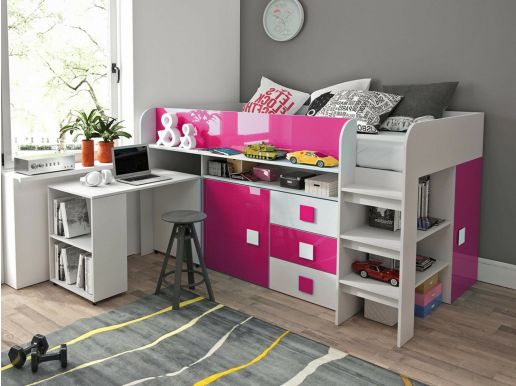 Samengesteld bed TOLISSO 90x200 cm wit/hoogglans roze met bureau aan linkerzijde