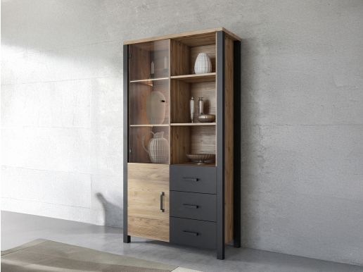 Vitrinekast OLIANNE 2 deuren 3 lades appenzeller sparren/zwart