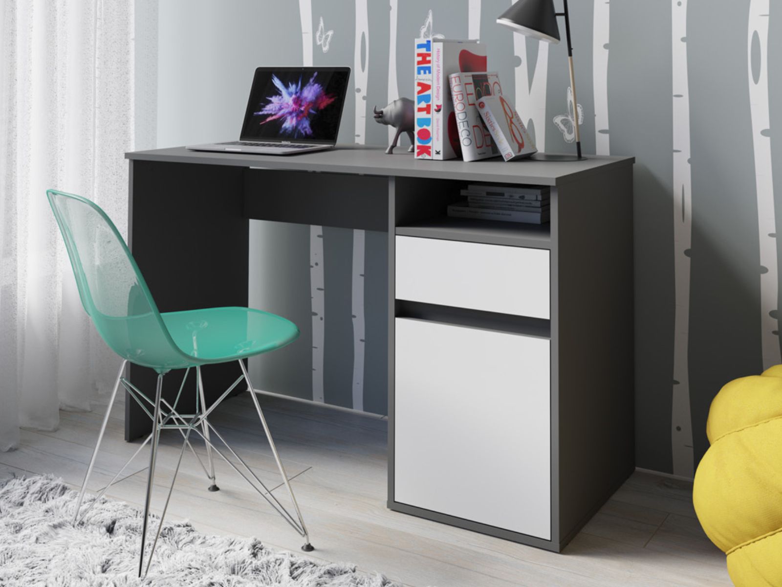 Bureau BIDOU 1 deur 1 lade grafiet/wit