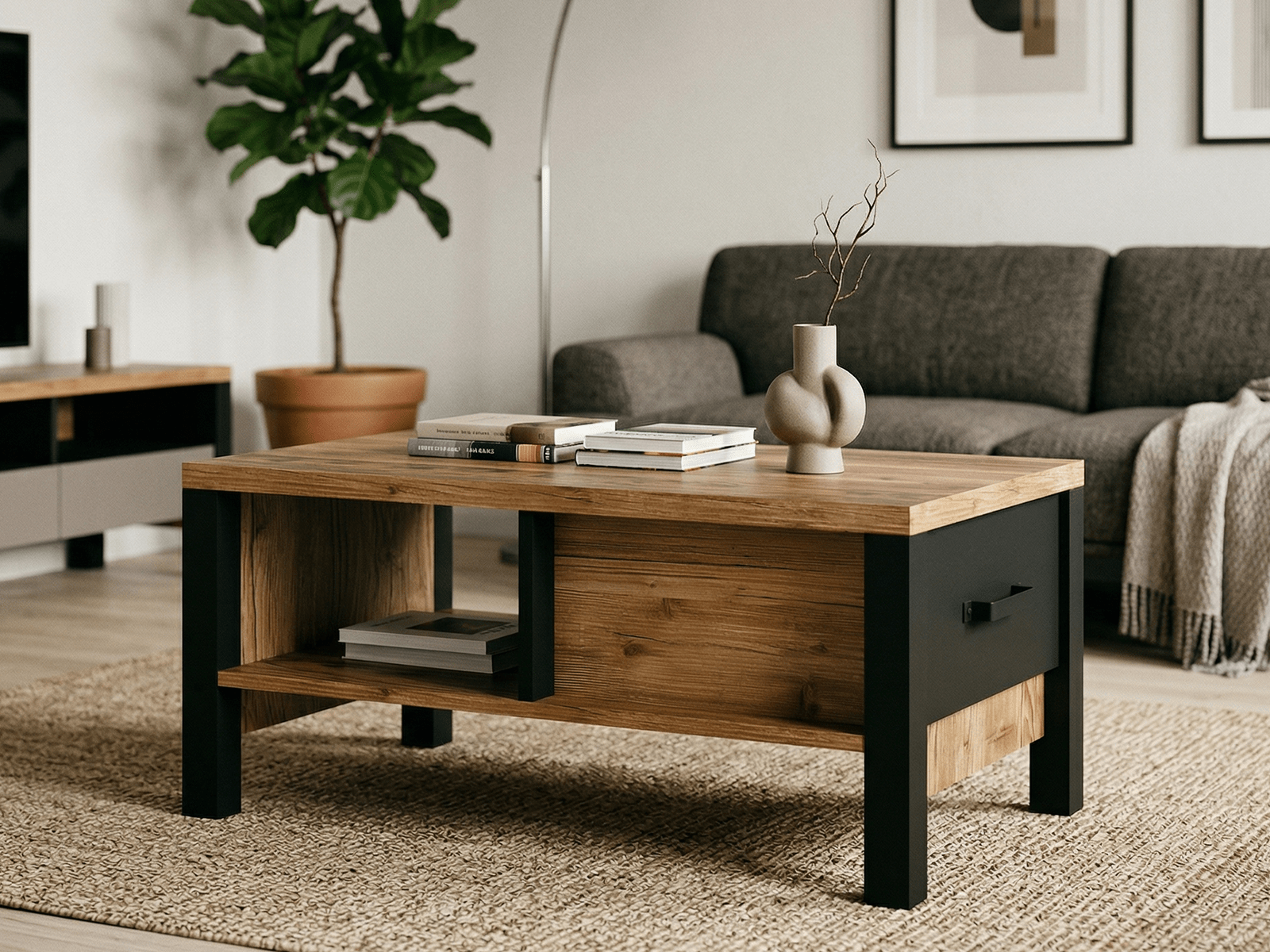 Salontafel OLIANNE 90 cm appenzeller sparren/zwart